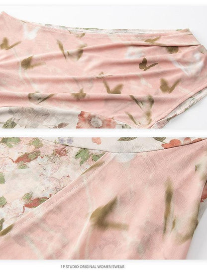 1P STUDIO Floral Print Asymmetric One Shoulder Spliced Women&