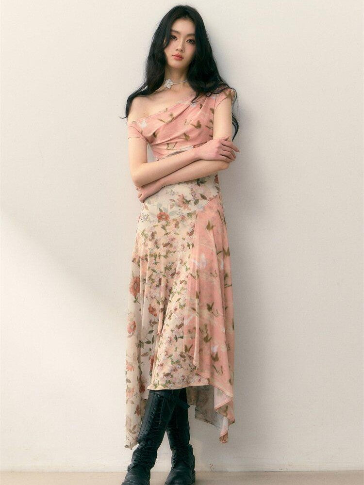 1P STUDIO Floral Print Asymmetric One Shoulder Spliced Women&