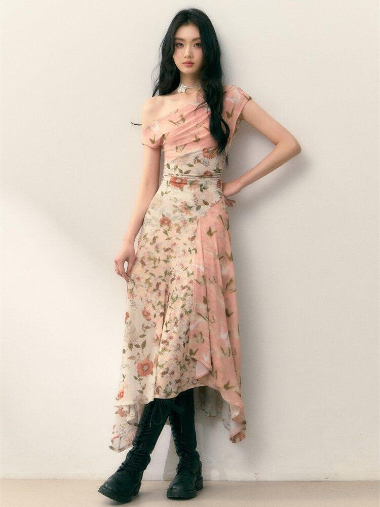 1P STUDIO Floral Print Asymmetric One Shoulder Spliced Women&