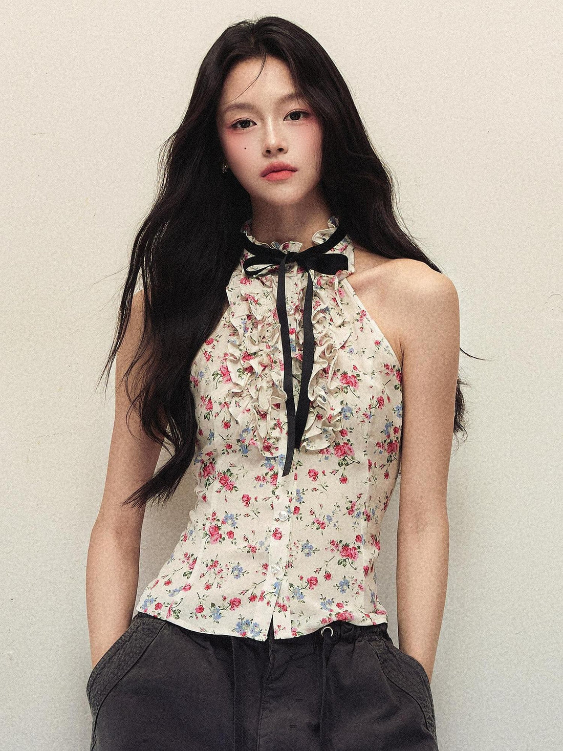 1P STUDIO Floral Print Bow Tie Ruffle Short Fitted Women&