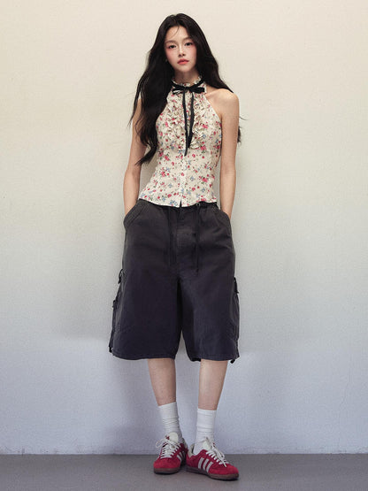 1P STUDIO Floral Print Bow Tie Ruffle Short Fitted Women&