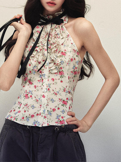 1P STUDIO Floral Print Bow Tie Ruffle Short Fitted Women&