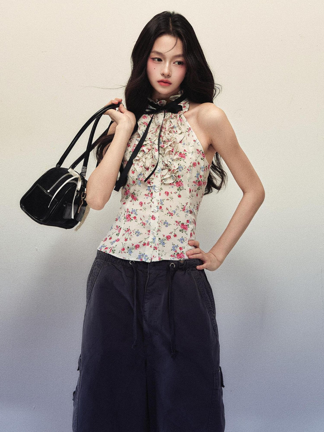 1P STUDIO Floral Print Bow Tie Ruffle Short Fitted Women&