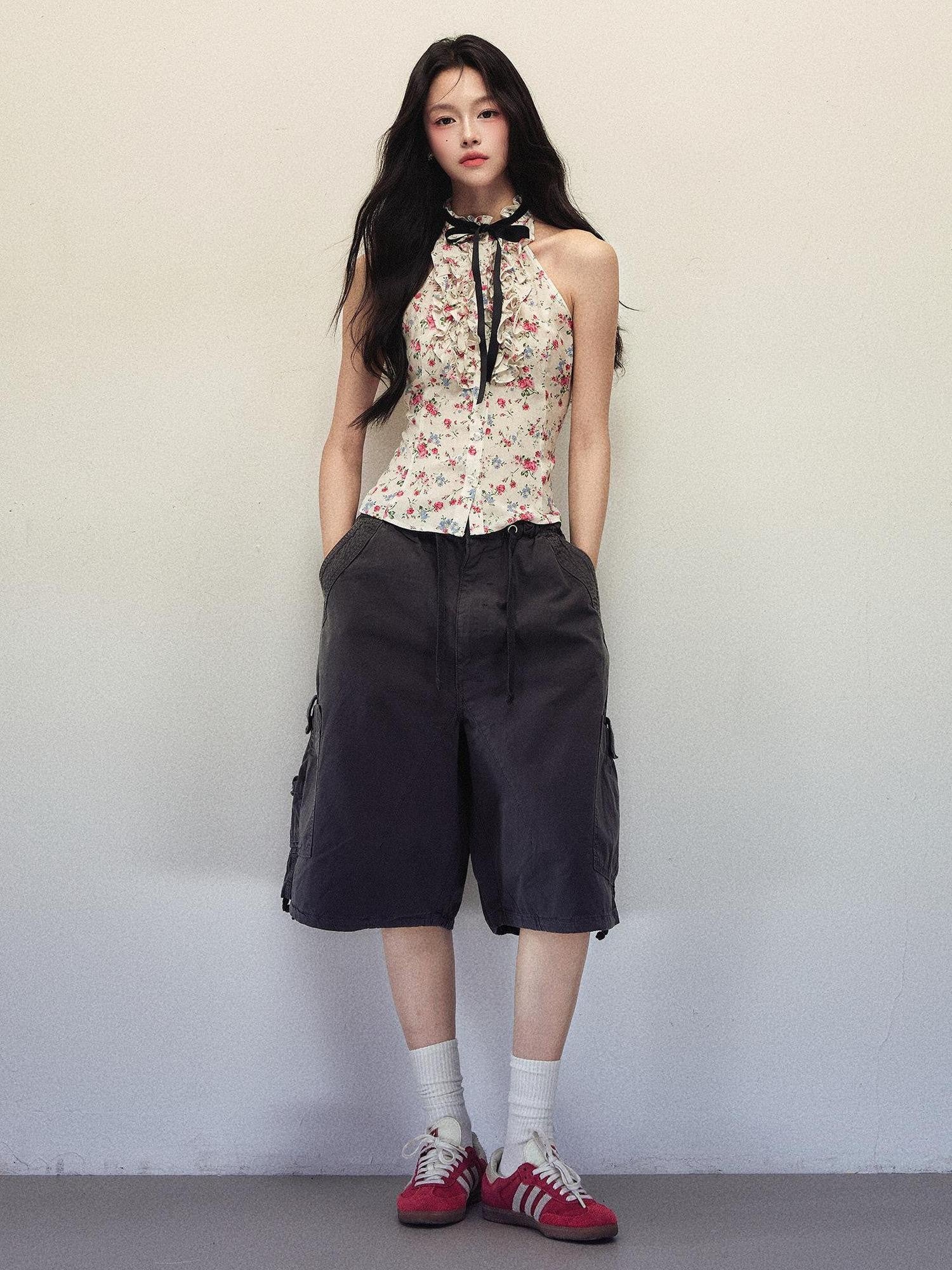 1P STUDIO Floral Print Bow Tie Ruffle Short Fitted Women&
