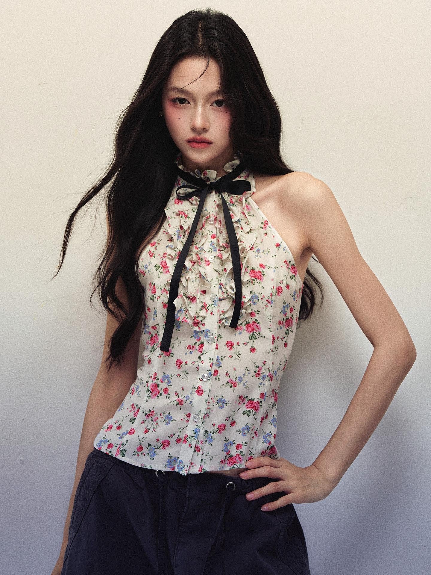 1P STUDIO Floral Print Bow Tie Ruffle Short Fitted Women&