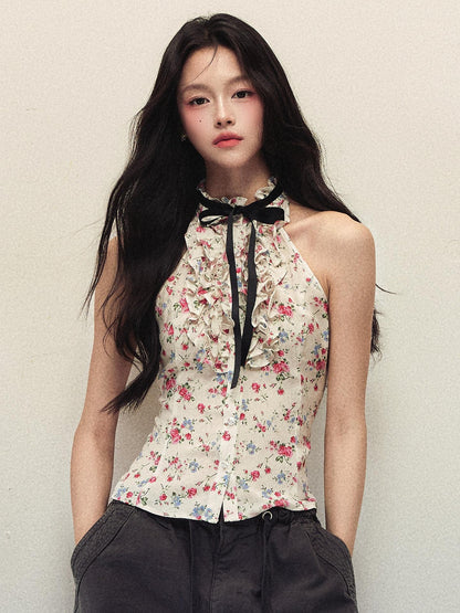 1P STUDIO Floral Print Bow Tie Ruffle Short Fitted Women&