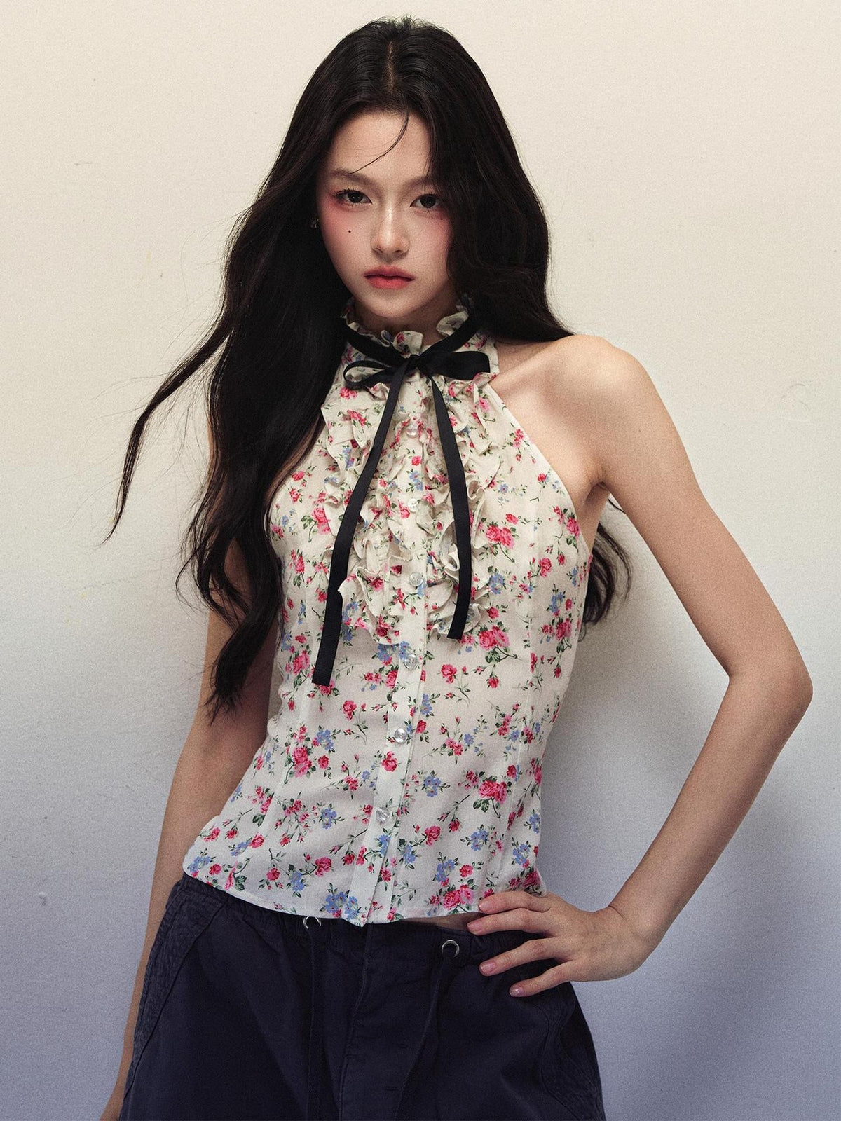 1P STUDIO Floral Print Bow Tie Ruffle Trim Slim Fit Women&