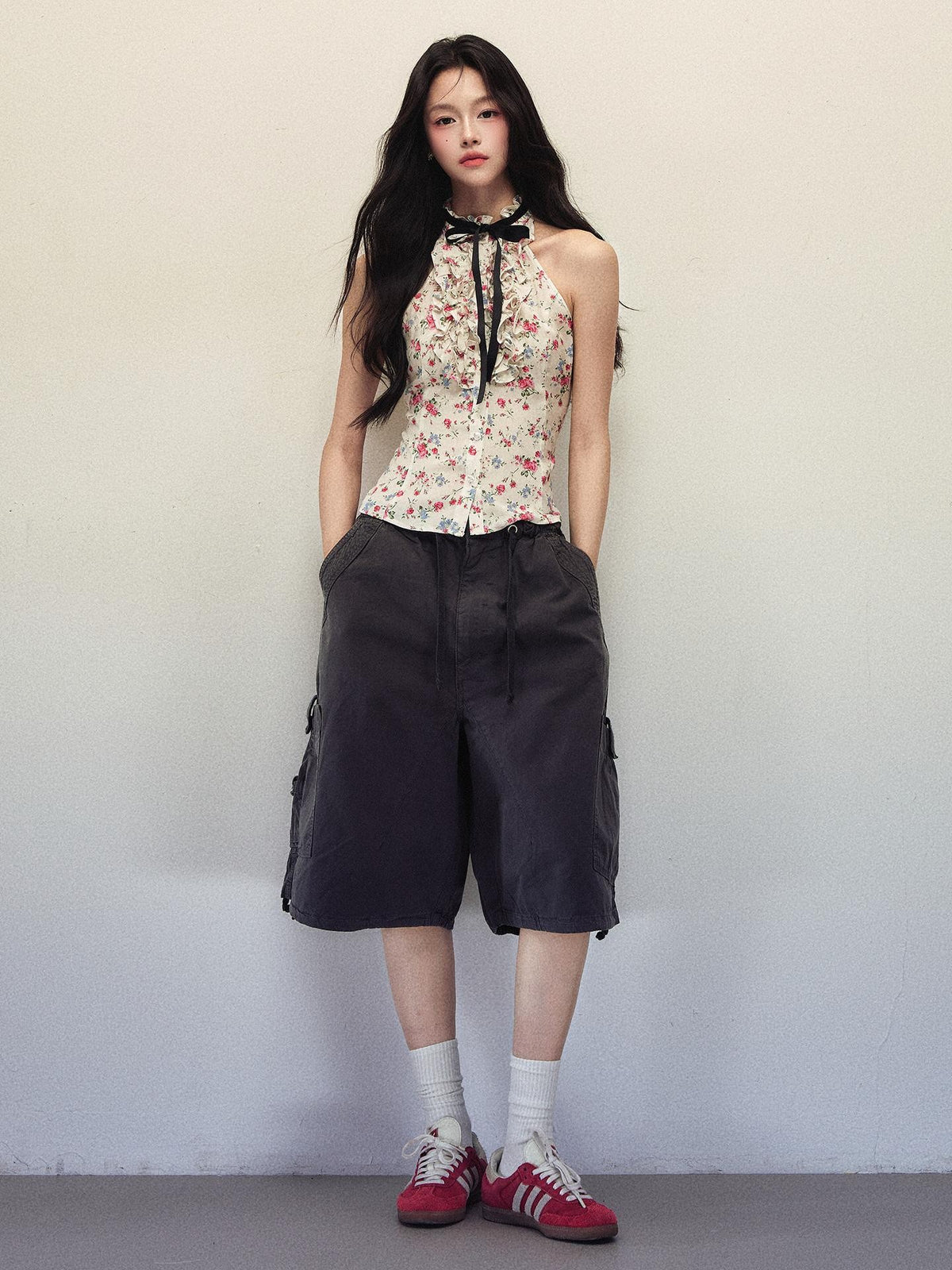1P STUDIO Floral Print Bow Tie Ruffle Trim Slim Fit Women&