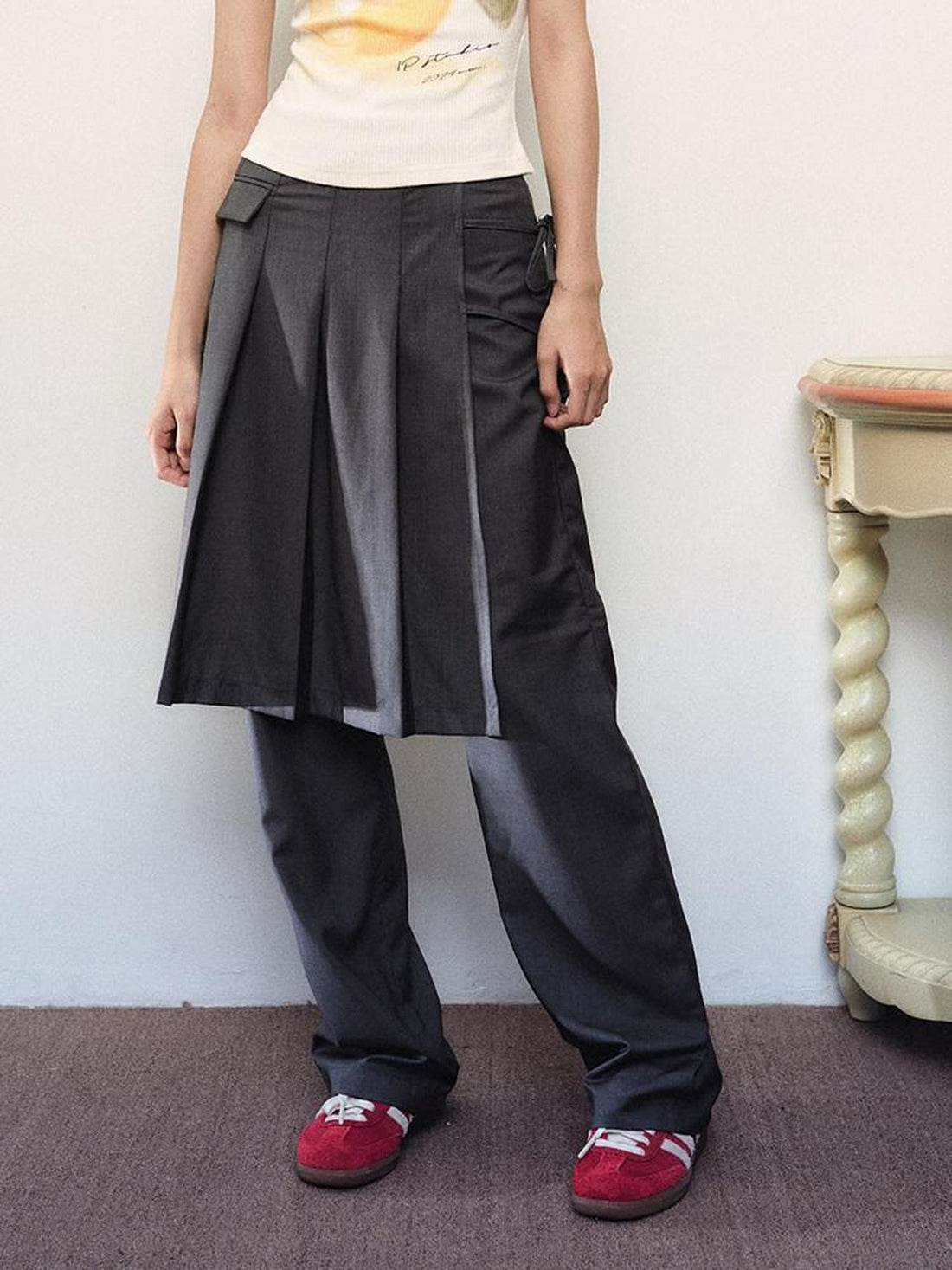 1P STUDIO Floral Rib Knit Tank Faux Two Piece Straight Pants Women&