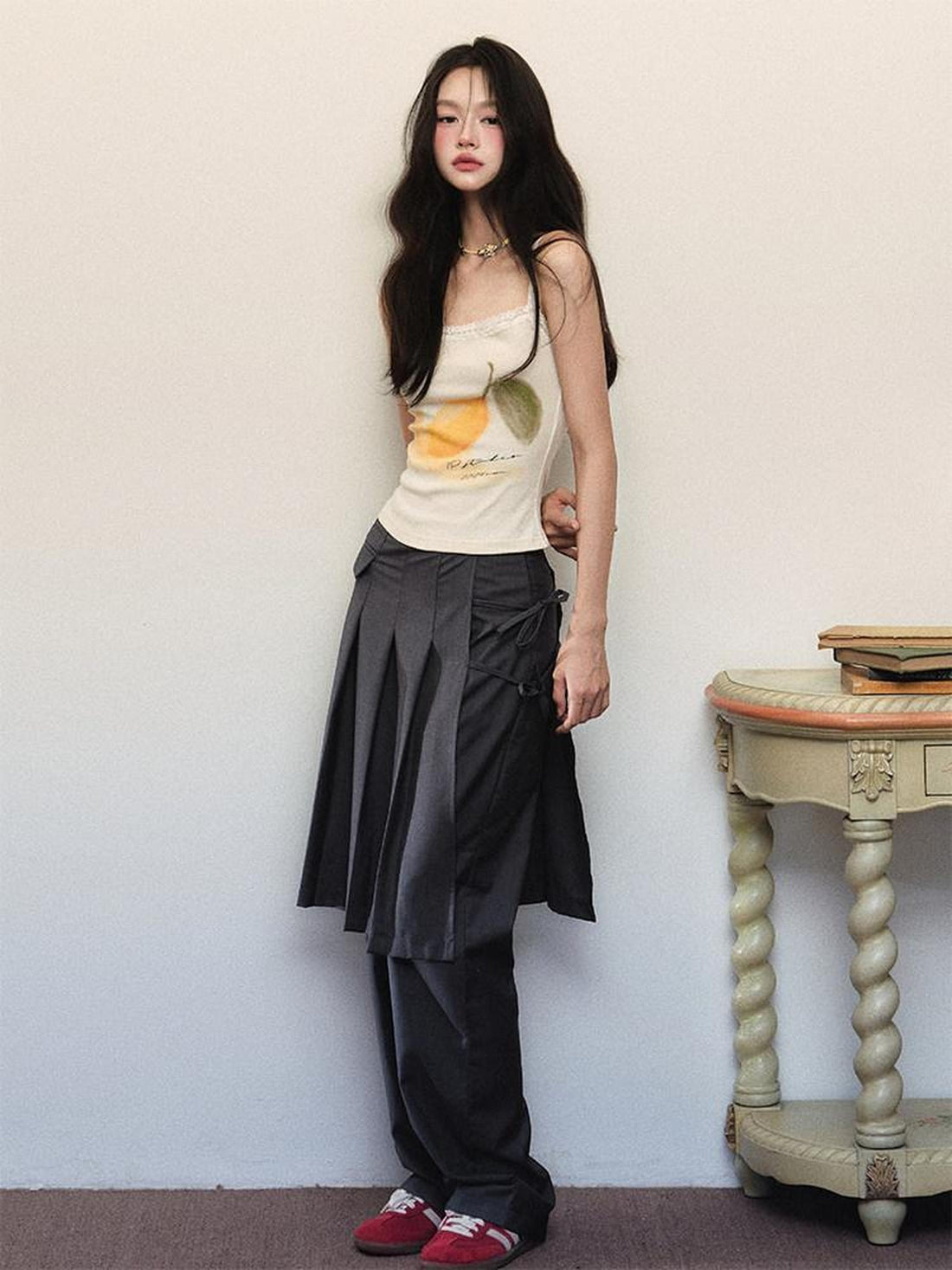 1P STUDIO Floral Rib Knit Tank Faux Two Piece Straight Pants Women&