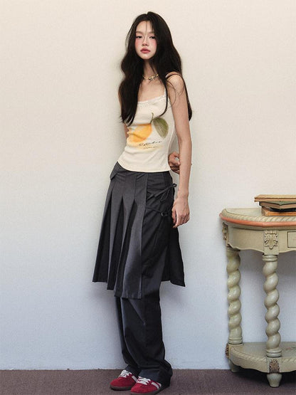 1P STUDIO Floral Rib Knit Tank Faux Two Piece Straight Pants Women&