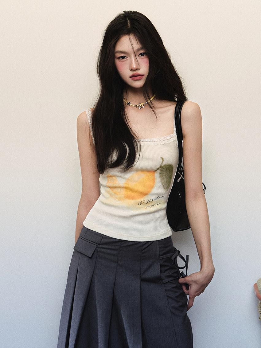 1P STUDIO Floral Rib Knit Tank Faux Two Piece Straight Pants Women&