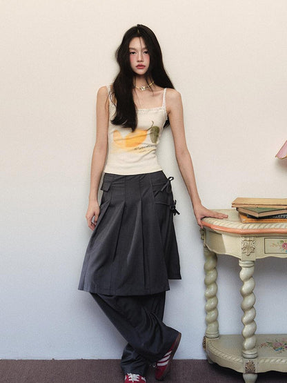 1P STUDIO Floral Rib Knit Tank Faux Two Piece Straight Pants Women&