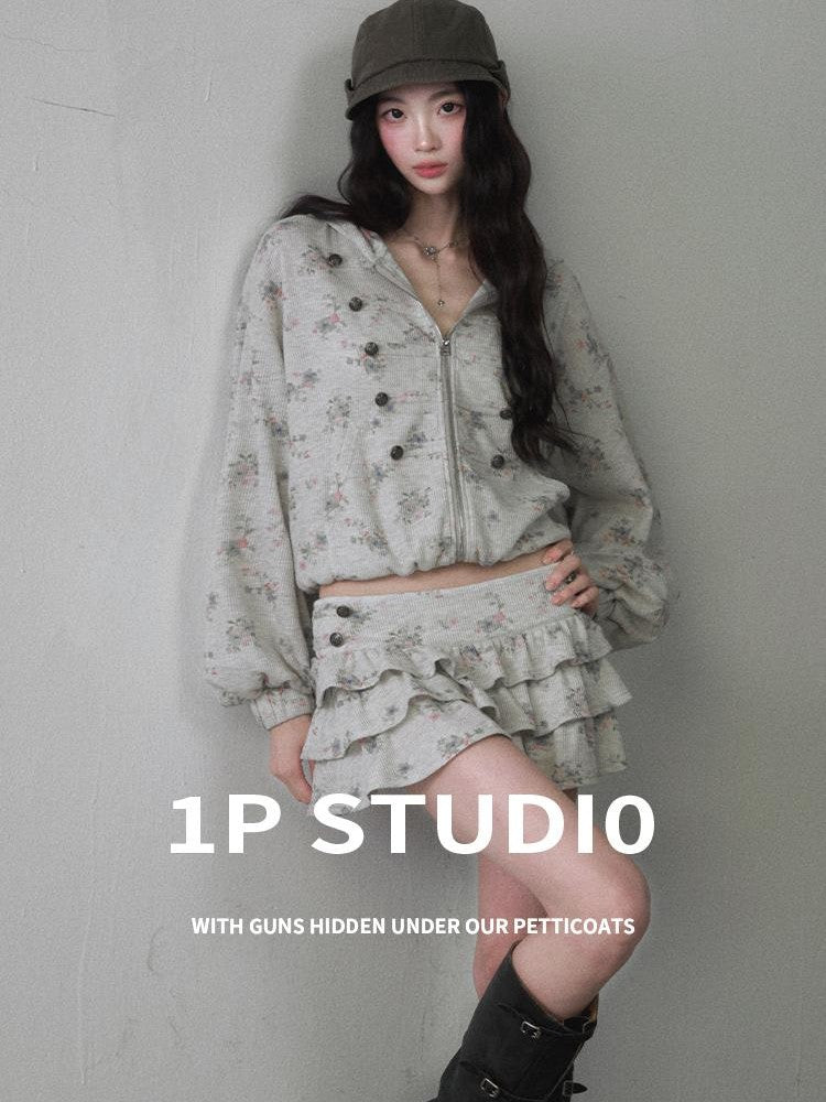 1P STUDIO Floral Ruffle Hooded Crop Top High Waist Tiered Women&