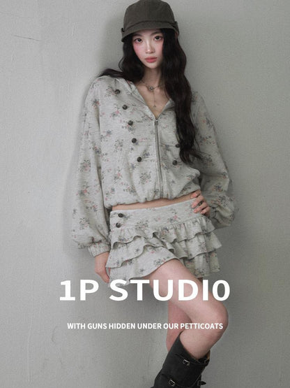 1P STUDIO Floral Ruffle Hooded Crop Top High Waist Tiered Women&