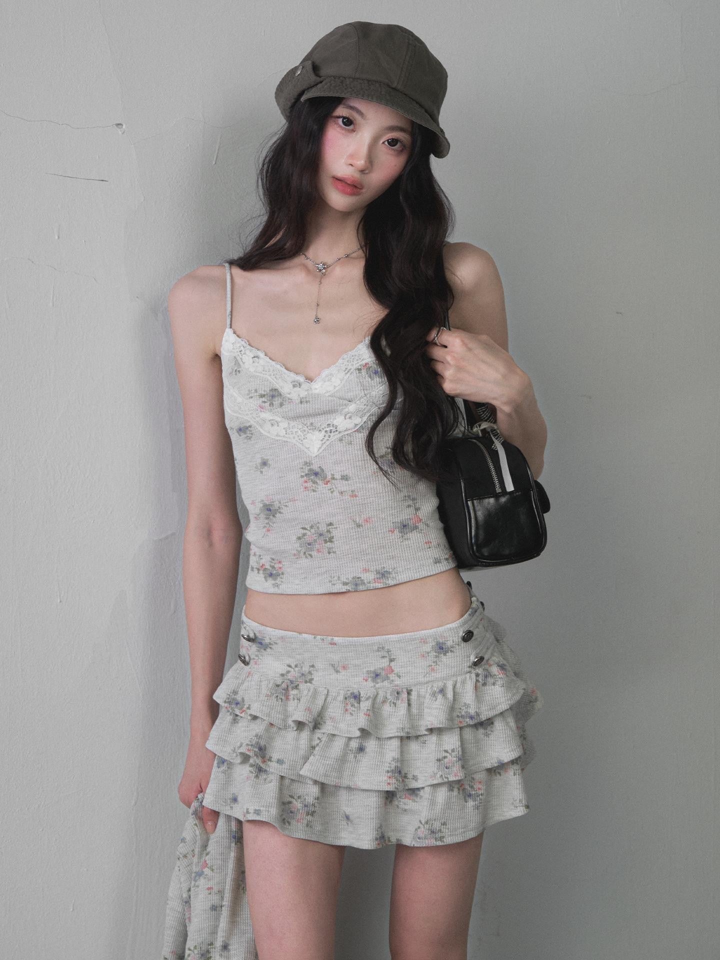 1P STUDIO Floral Ruffle Hooded Crop Top High Waist Tiered Women&