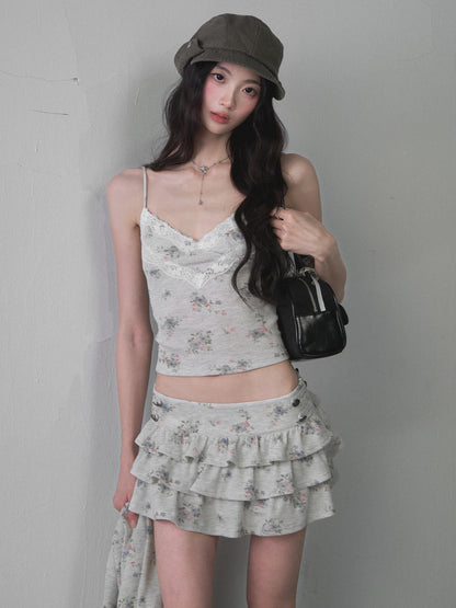 1P STUDIO Floral Ruffle Hooded Crop Top High Waist Tiered Women&