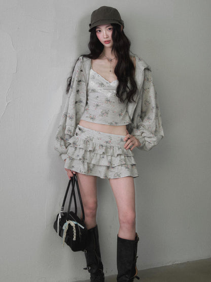 1P STUDIO Floral Ruffle Hooded Crop Top High Waist Tiered Women&