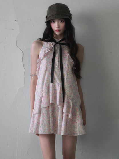 1P STUDIO Floral Ruffle Tie Bow Sleeveless Shirt Collar Women&
