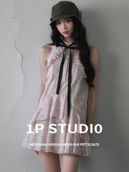 1P STUDIO Floral Ruffle Tie Bow Sleeveless Shirt Collar Women&