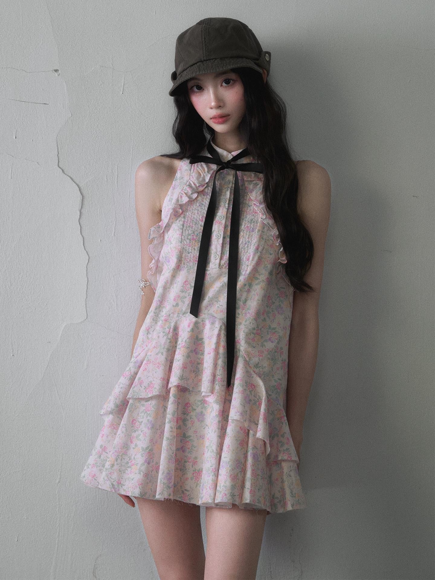1P STUDIO Floral Ruffle Tie Bow Sleeveless Shirt Collar Women&