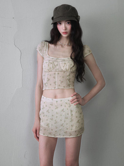 1P STUDIO Floral Square Neck Cropped Fitted High Waist Women&