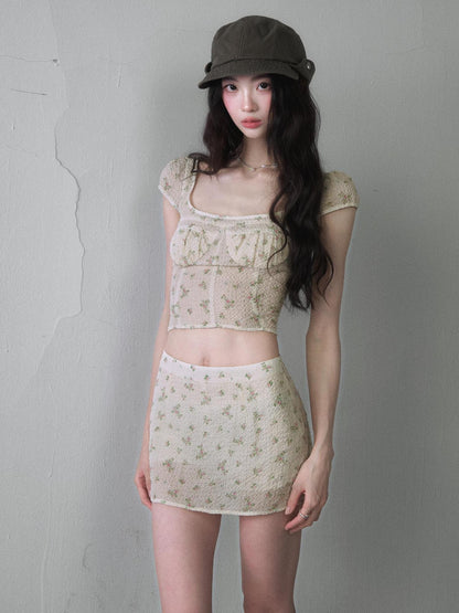 1P STUDIO Floral Square Neck Cropped Fitted High Waist Women&