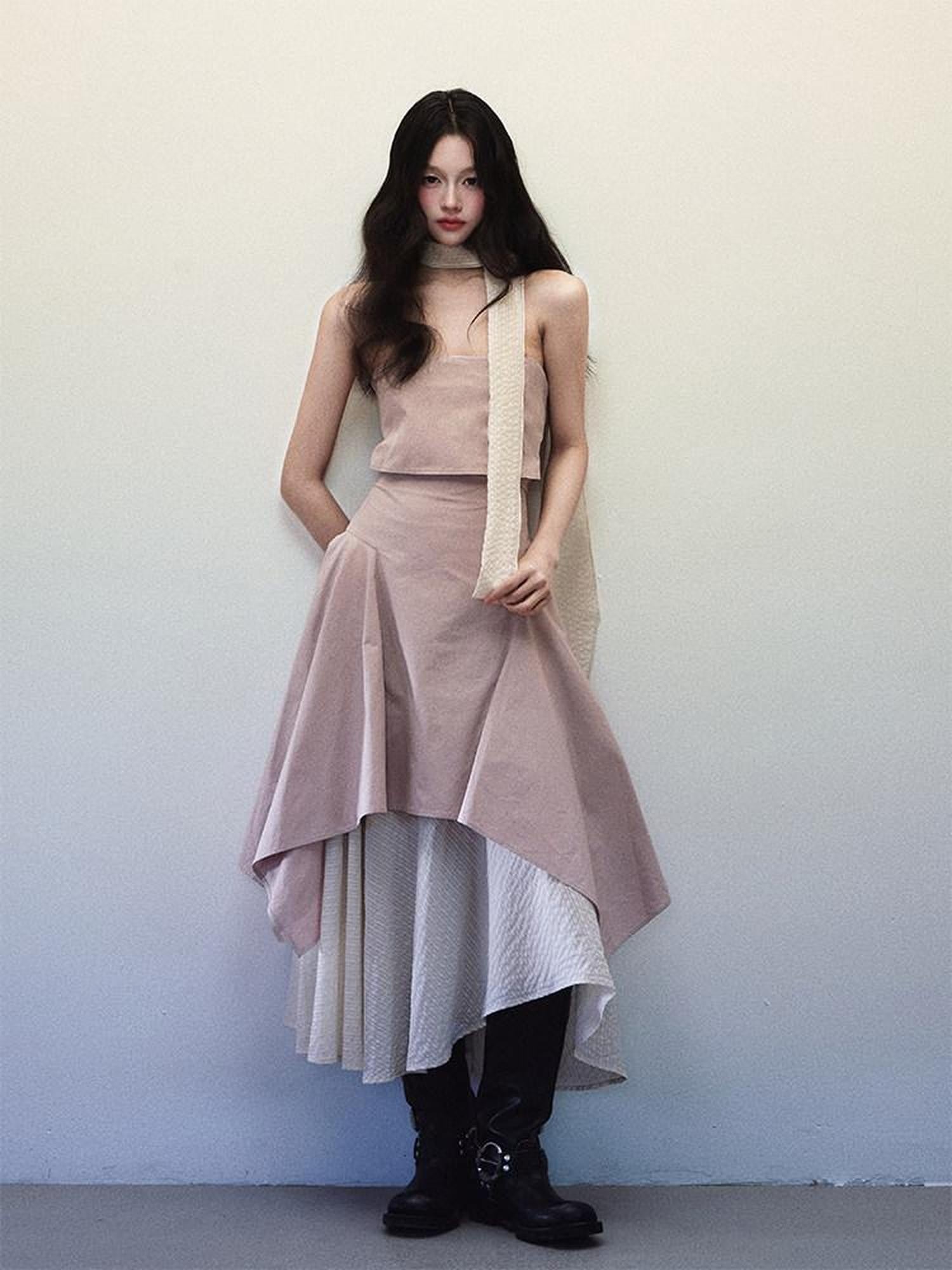 1P STUDIO Foldover Double Layer Asymmetric Spliced Women&