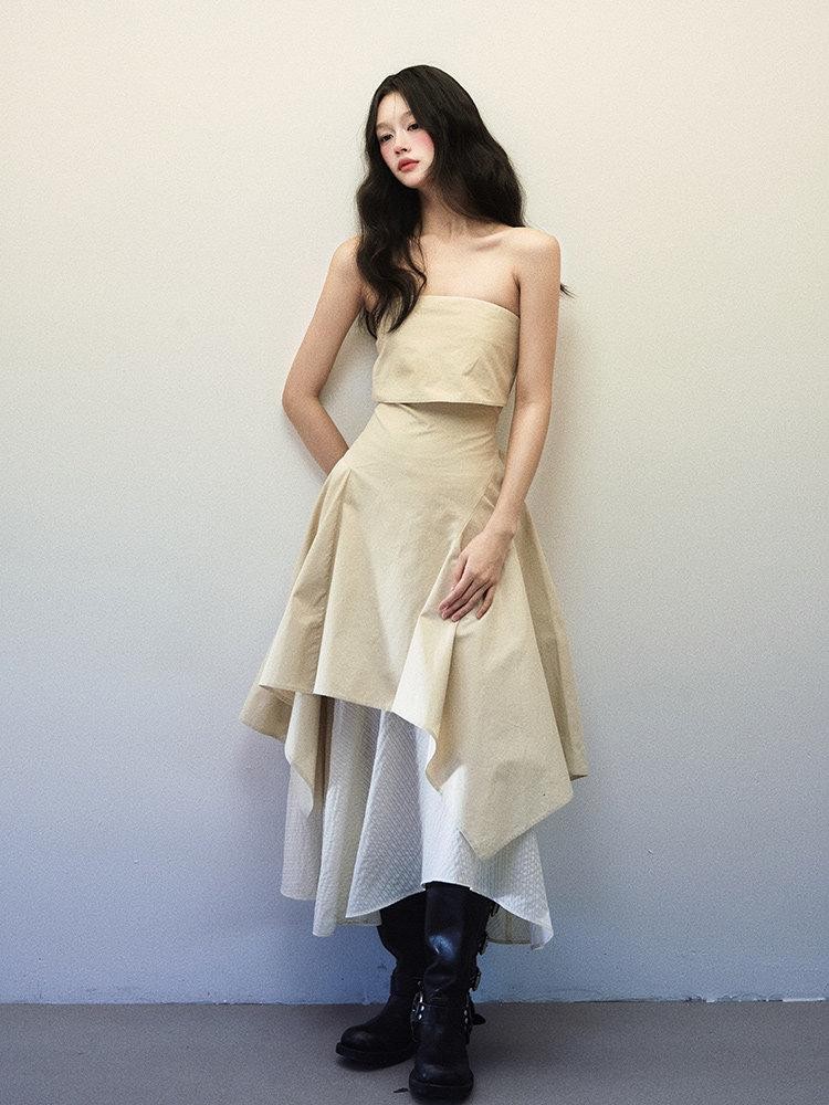 1P STUDIO Foldover Double Layer Asymmetric Spliced Women&