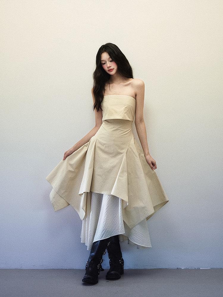 1P STUDIO Foldover Double Layer Asymmetric Spliced Women&