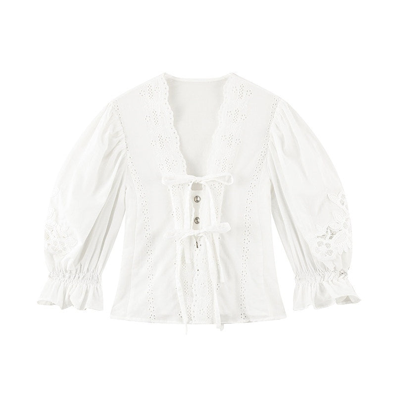 1P_STUDIO_French_V-neck_Puff_Sleeve_Tie_Bow_Cutout_Cotton_Women&