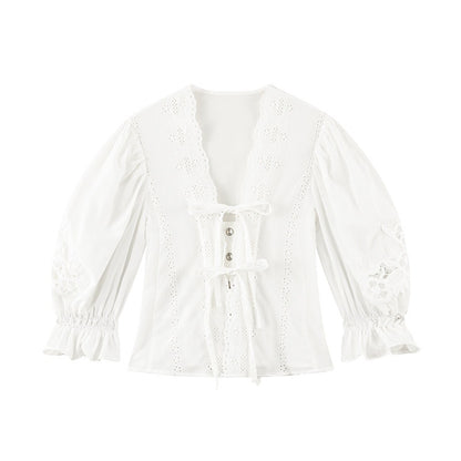 1P_STUDIO_French_V-neck_Puff_Sleeve_Tie_Bow_Cutout_Cotton_Women&