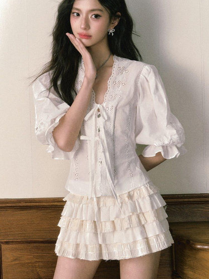 1P STUDIO French V-neck Puff Sleeve Tie Bow Cutout Cotton Women&