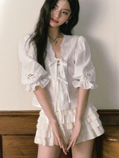 1P STUDIO French V-neck Puff Sleeve Tie Bow Cutout Cotton Women&