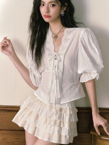 1P STUDIO French V-neck Puff Sleeve Tie Bow Cutout Cotton Women&