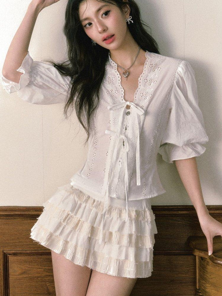 1P STUDIO French V-neck Puff Sleeve Tie Bow Cutout Cotton Women&
