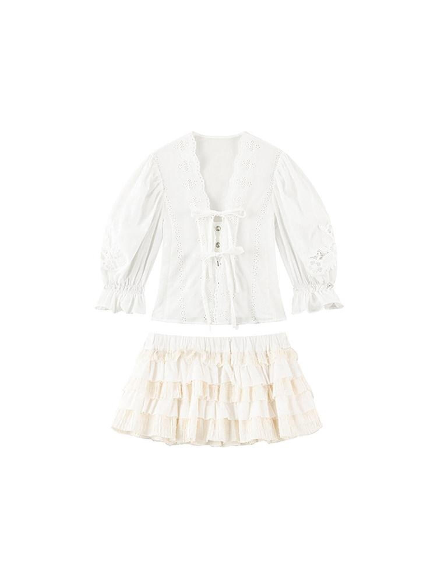1P STUDIO French V-neck Puff Sleeve Tie Bow Cutout Cotton Women&
