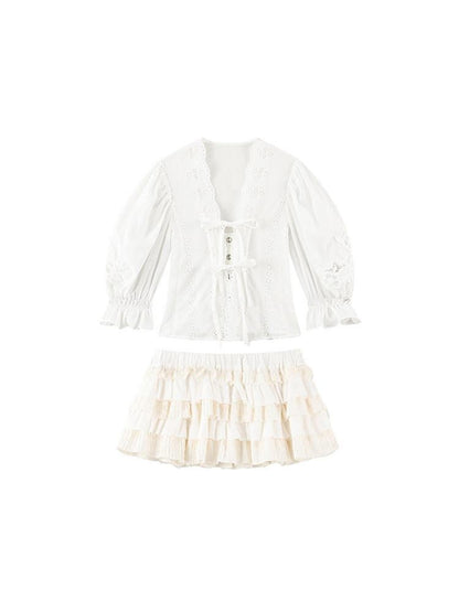 1P STUDIO French V-neck Puff Sleeve Tie Bow Cutout Cotton Women&