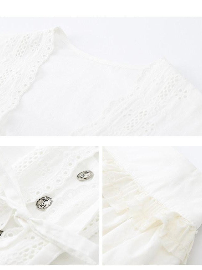 1P STUDIO French V-neck Puff Sleeve Tie Bow Cutout Cotton Women&