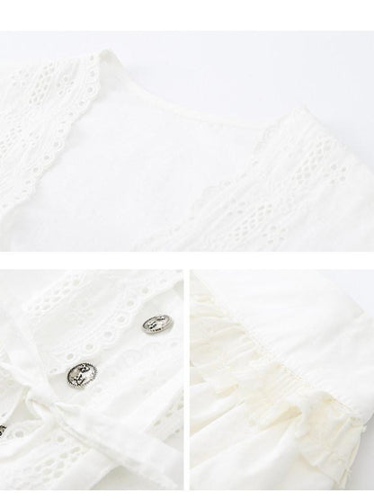 1P STUDIO French V-neck Puff Sleeve Tie Bow Cutout Cotton Women&
