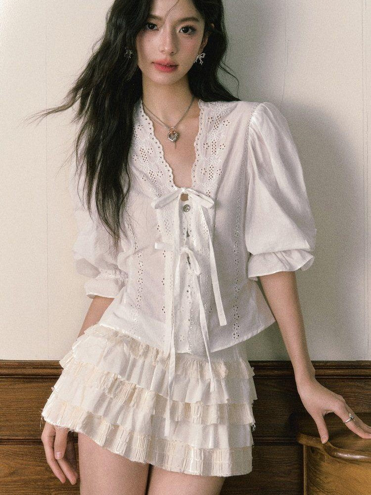 1P STUDIO French V-neck Puff Sleeve Tie Bow Cutout Cotton Women&