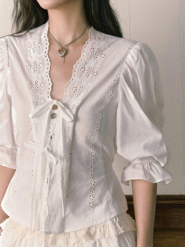 1P STUDIO French V-neck Puff Sleeve Tie Bow Cutout Cotton Women&