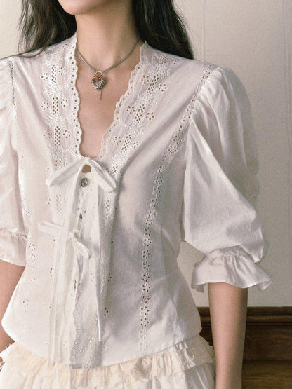 1P STUDIO French V-neck Puff Sleeve Tie Bow Cutout Cotton Women&
