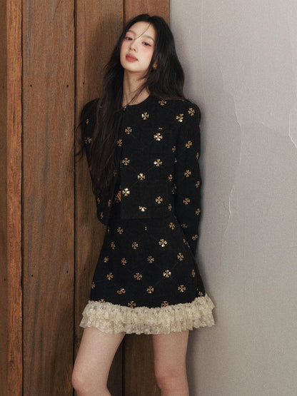 1P STUDIO Gold Sequin Floral Embroidery Crop Jacket Women&