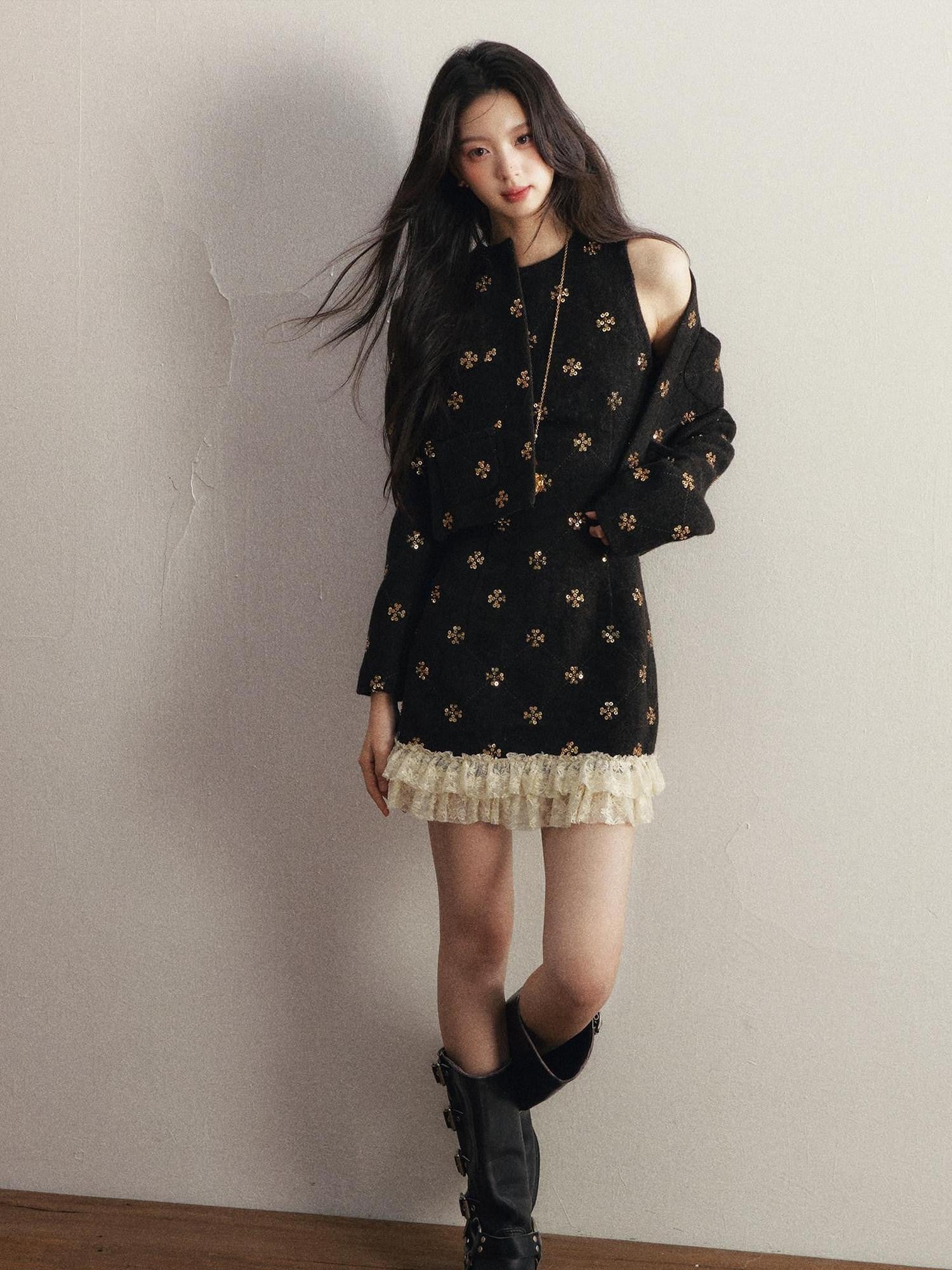 1P STUDIO Gold Sequin Floral Embroidery Crop Jacket Women&