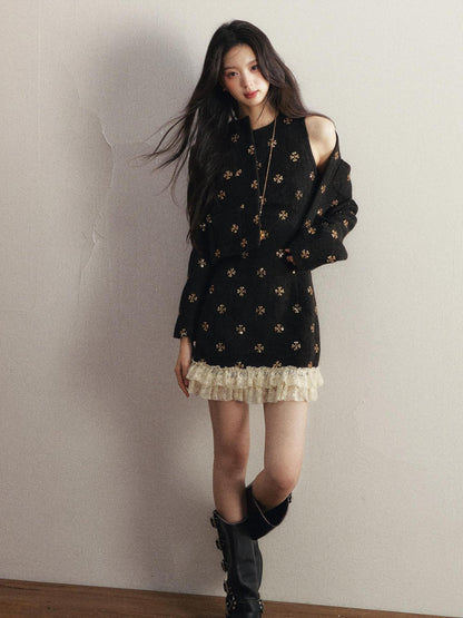 1P STUDIO Gold Sequin Floral Embroidery Crop Jacket Women&