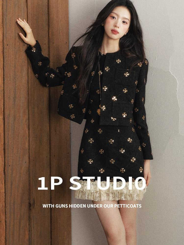 1P STUDIO Gold Sequin Floral Embroidery Crop Jacket Women&