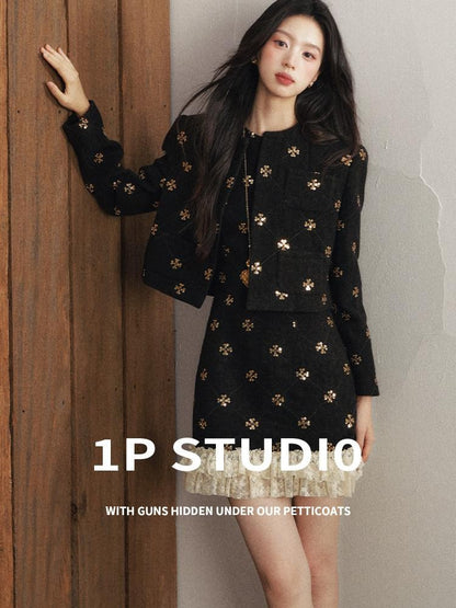 1P STUDIO Gold Sequin Floral Embroidery Crop Jacket Women&