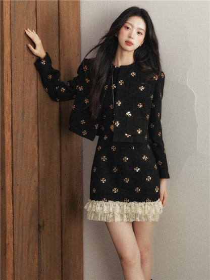 1P STUDIO Gold Sequin Floral Embroidery Crop Jacket Women&