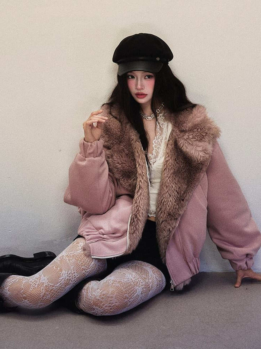 1P STUDIO Gray Pink Large Lapel Loose Fluffy Women&